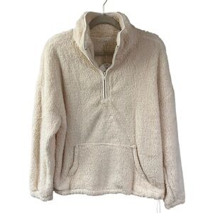 Anrabess 1/4 Zip Teddy Fleece Plush Pullover Kangaroo Pocket Ivory Cream